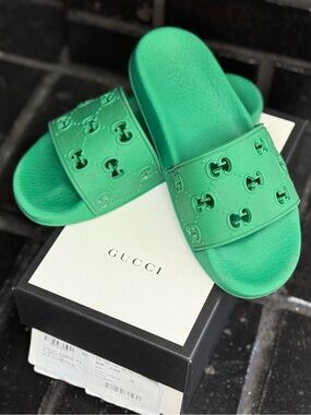 Gucci Green Embossed GG Rubber Slide Sandals
